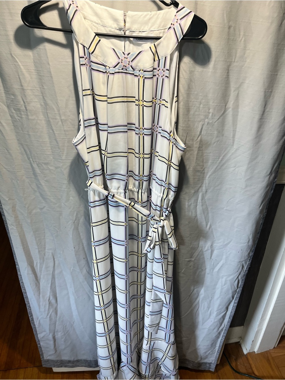 Calvin Klein xl White Plaid Maxi Dress with Purple and Yellow Accents